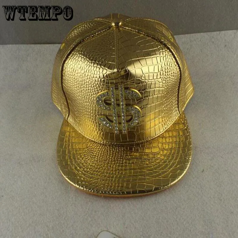 Vogue Dollar Logo Crocodile hip hop rap PU Leather Hats Gold Rhinestone Street DJ Money Baseball Cap