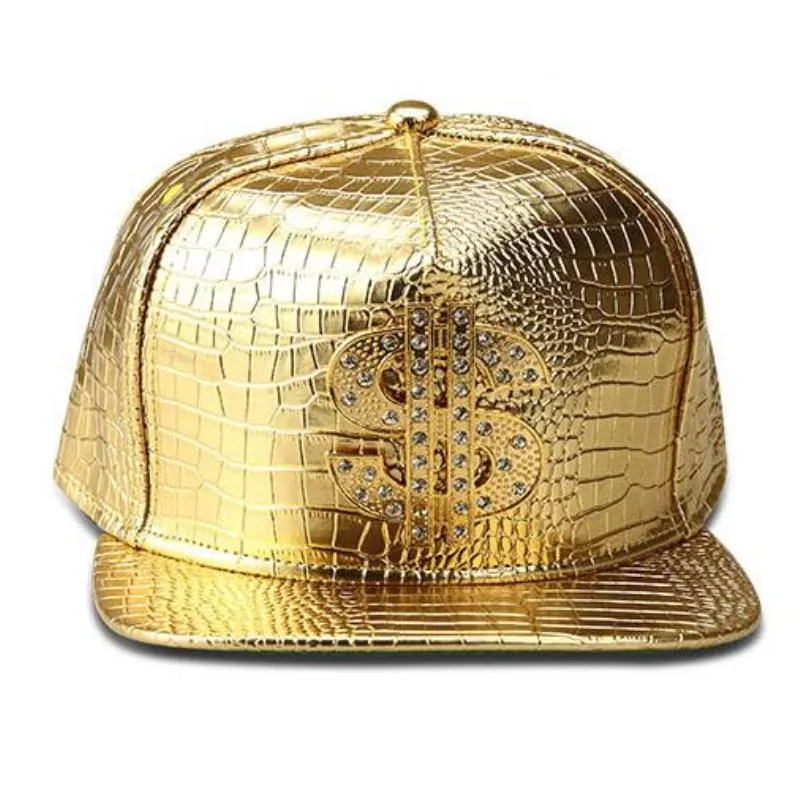 Vogue Dollar Logo Crocodile hip hop rap PU Leather Hats Gold Rhinestone Street DJ Money Baseball Cap