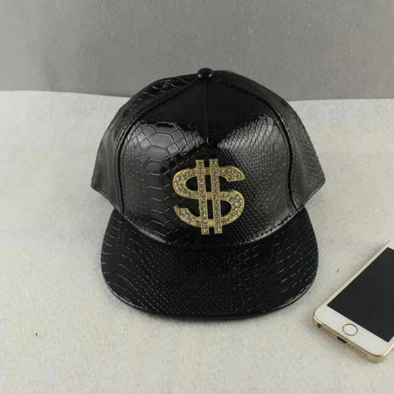 Vogue Dollar Logo Crocodile hip hop rap PU Leather Hats Gold Rhinestone Street DJ Money Baseball Cap