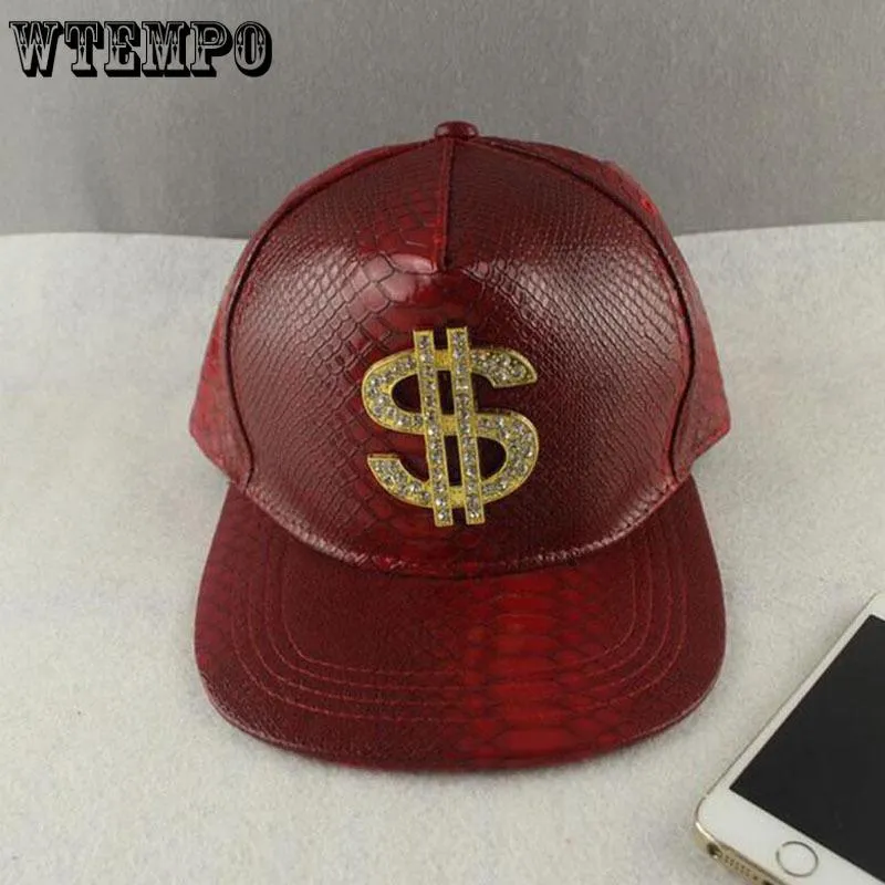 Vogue Dollar Logo Crocodile hip hop rap PU Leather Hats Gold Rhinestone Street DJ Money Baseball Cap