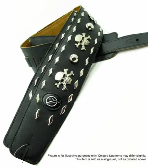 Vorson Black Leather Guitar Strap with Metal Skulls & Bones