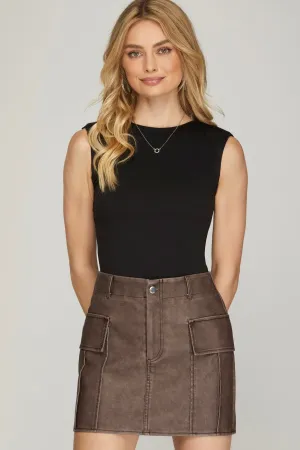 WASHED FAUX LEATHER CARGO MINI SKIRT IN BROWN