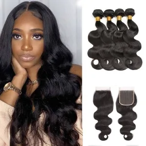 Wavymy Body Wave Hair Virgin Human Hair Weave 4 Bundles with 4x4 Lace Closure
