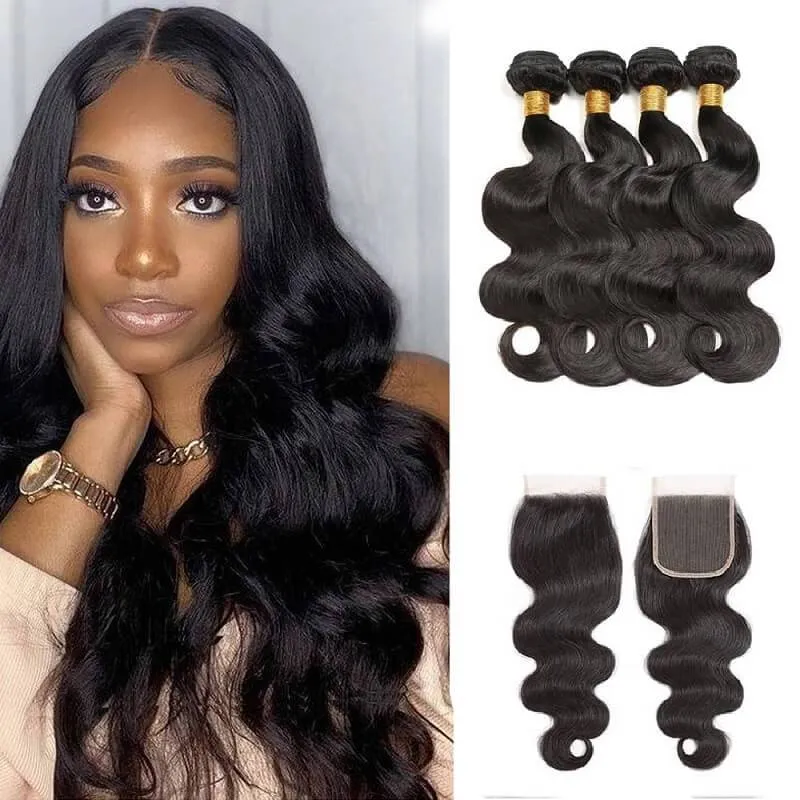 Wavymy Body Wave Hair Virgin Human Hair Weave 4 Bundles with 4x4 Lace Closure