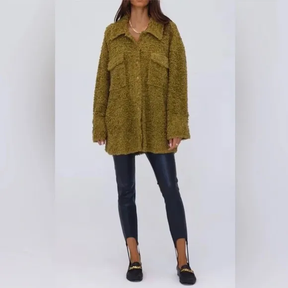 WeWoreWhat Tan Olive Oversized Faux Fur Teddy Shacket Jacket Size Medium Large