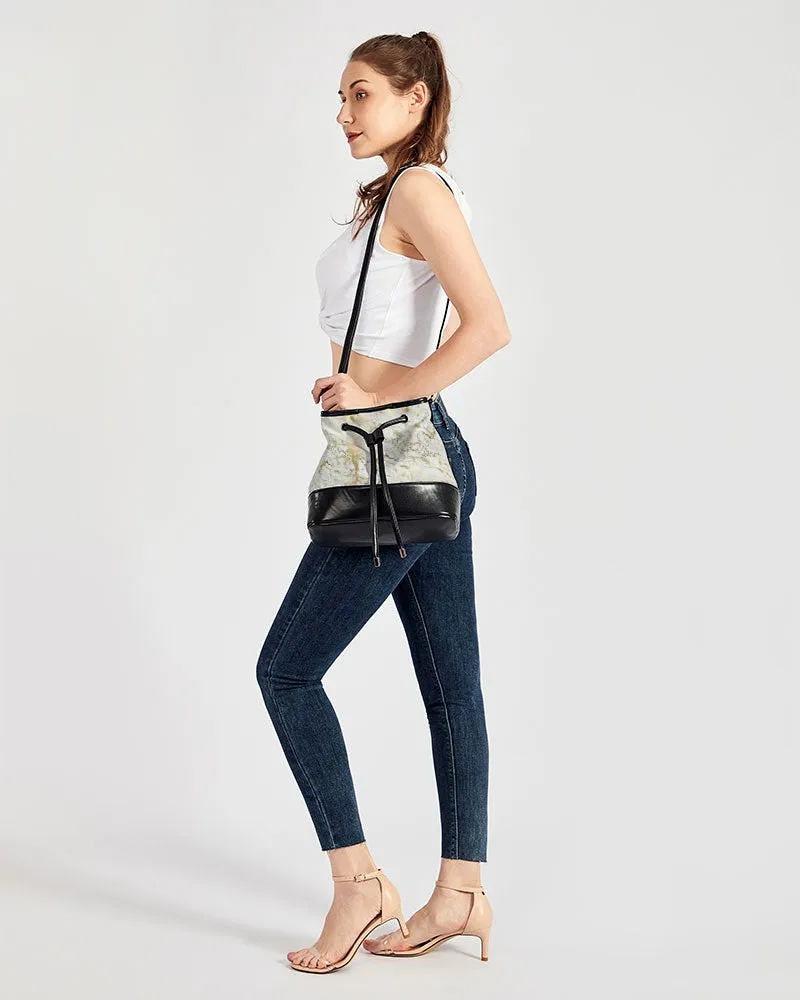 White and Gold Acrylic Pour Mini Drawstring Bucket Bag
