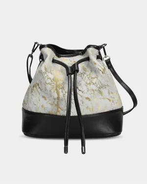 White and Gold Acrylic Pour Mini Drawstring Bucket Bag