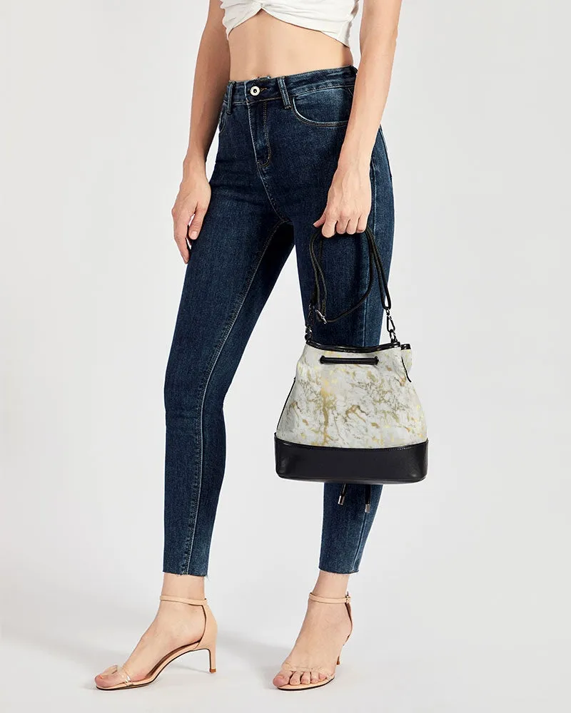 White and Gold Acrylic Pour Mini Drawstring Bucket Bag