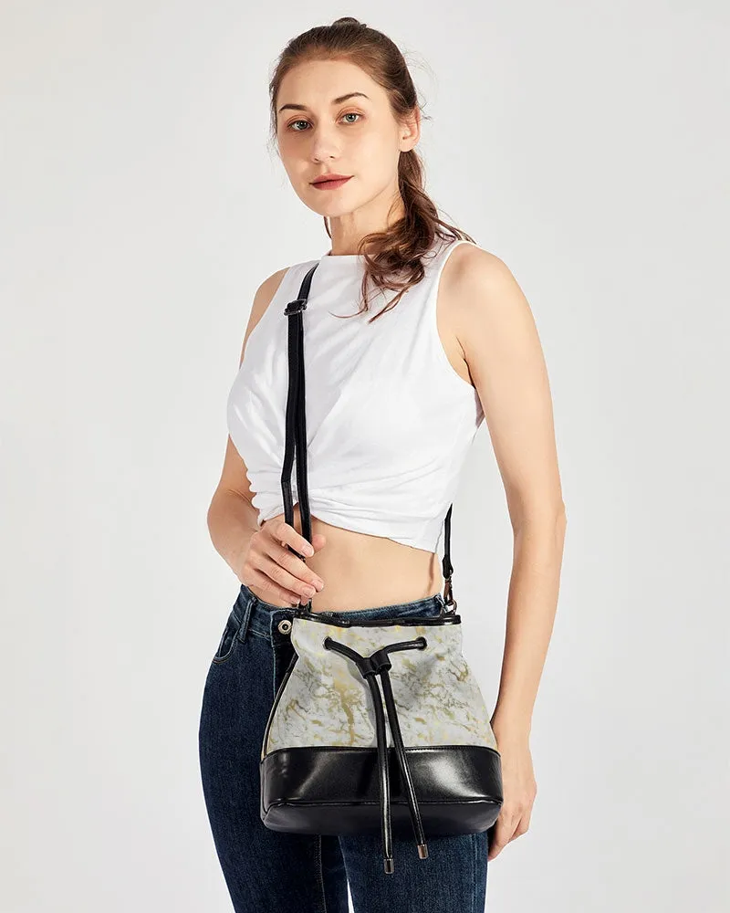 White and Gold Acrylic Pour Mini Drawstring Bucket Bag