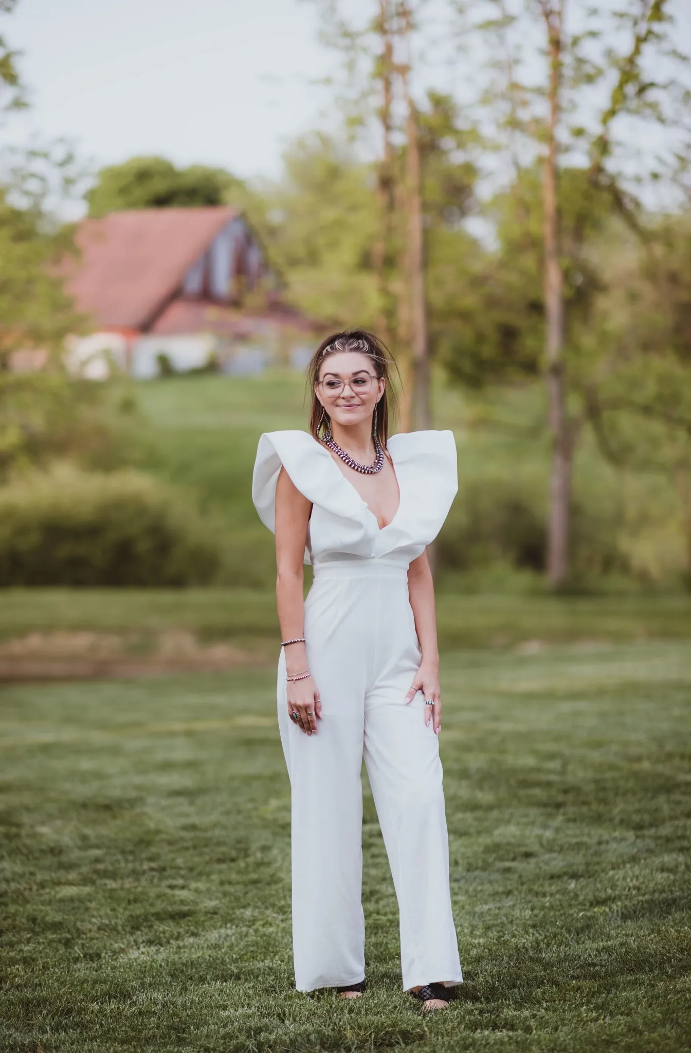 White Luxe Jumpsuit with Zipper Back   Puff Sleeve