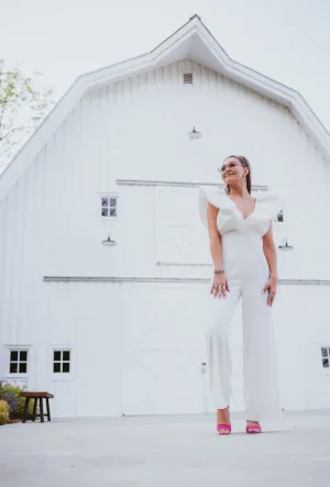 White Luxe Jumpsuit with Zipper Back   Puff Sleeve