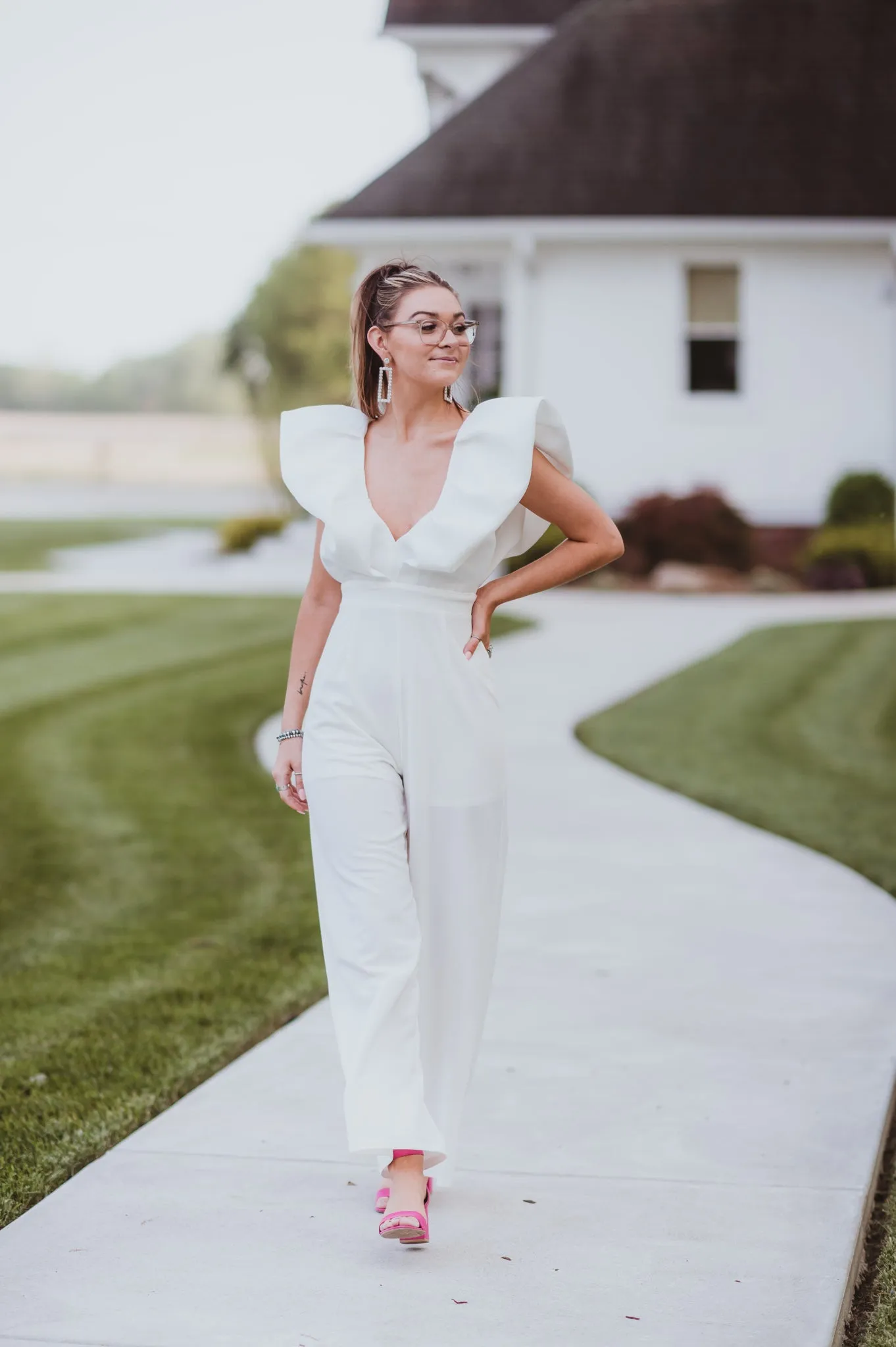 White Luxe Jumpsuit with Zipper Back   Puff Sleeve