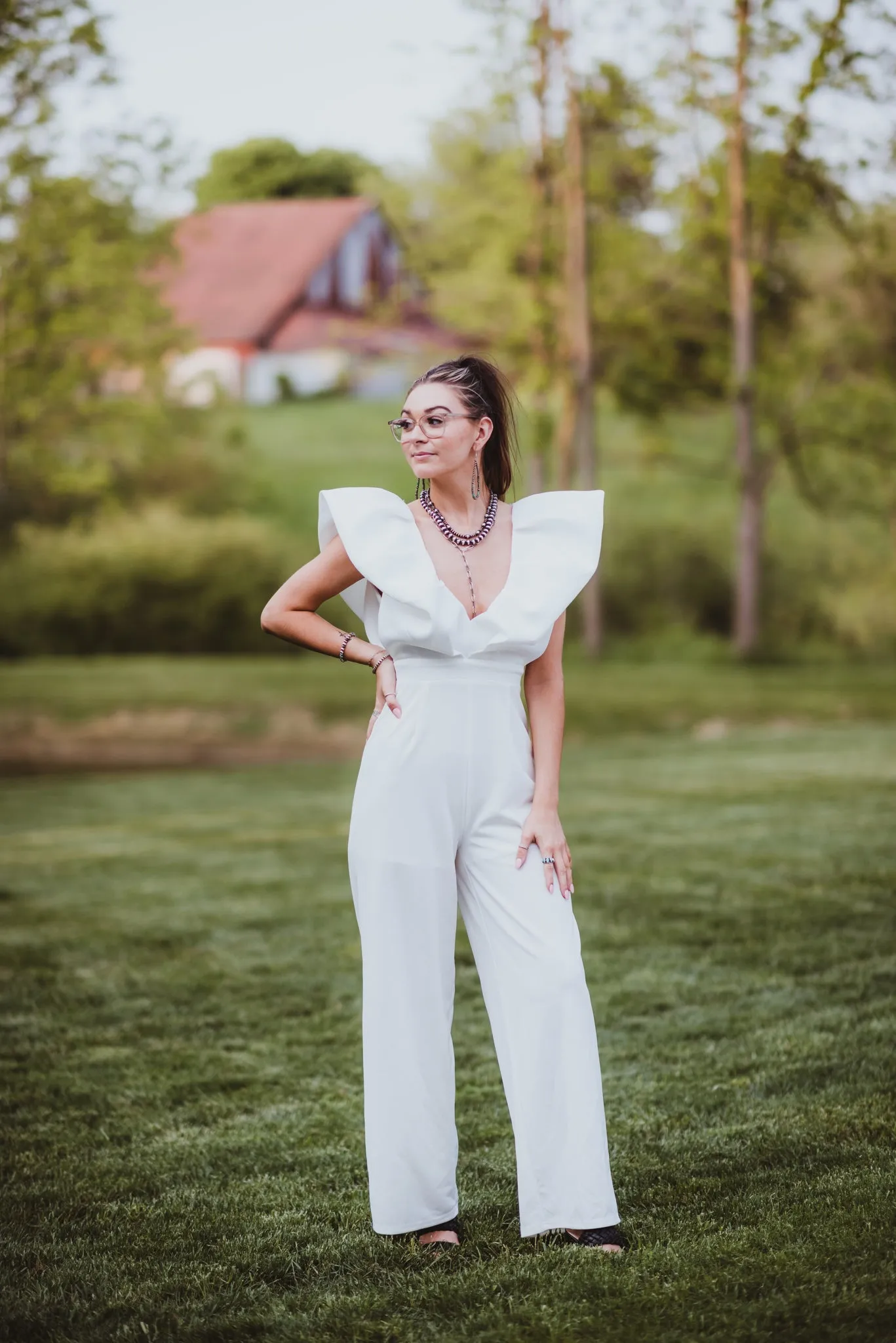 White Luxe Jumpsuit with Zipper Back   Puff Sleeve
