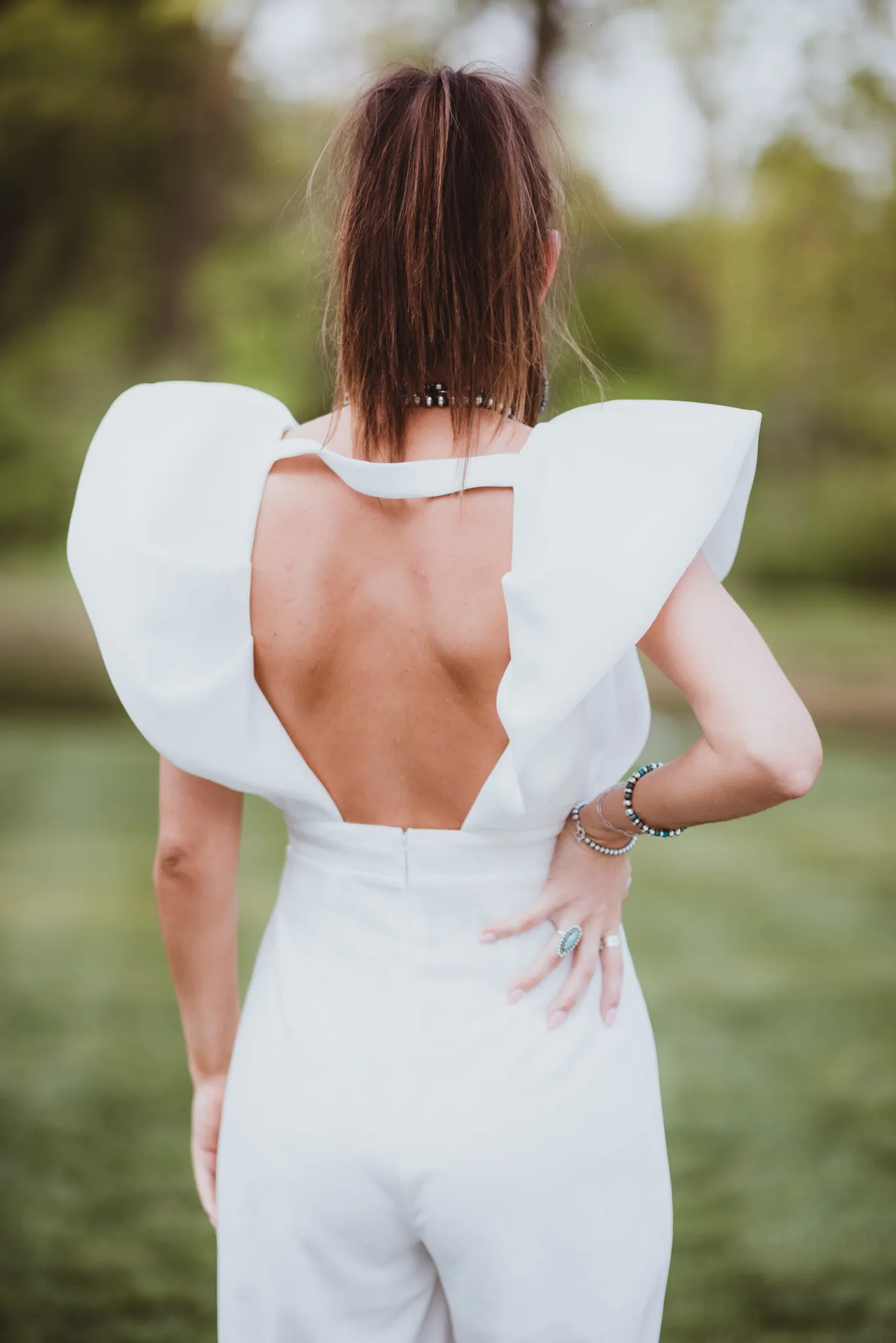 White Luxe Jumpsuit with Zipper Back   Puff Sleeve