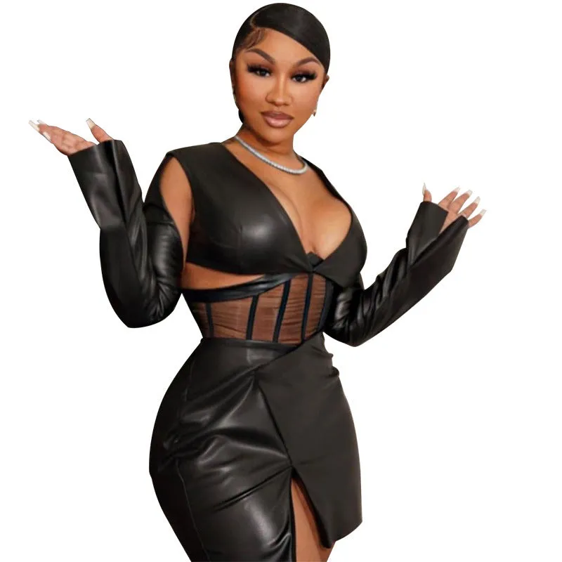Women's Fashion Mesh Corset Sheath Faux Leather Dress