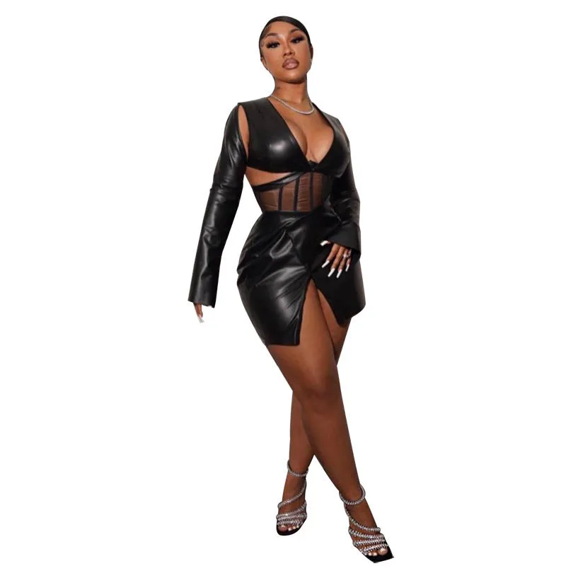 Women's Fashion Mesh Corset Sheath Faux Leather Dress