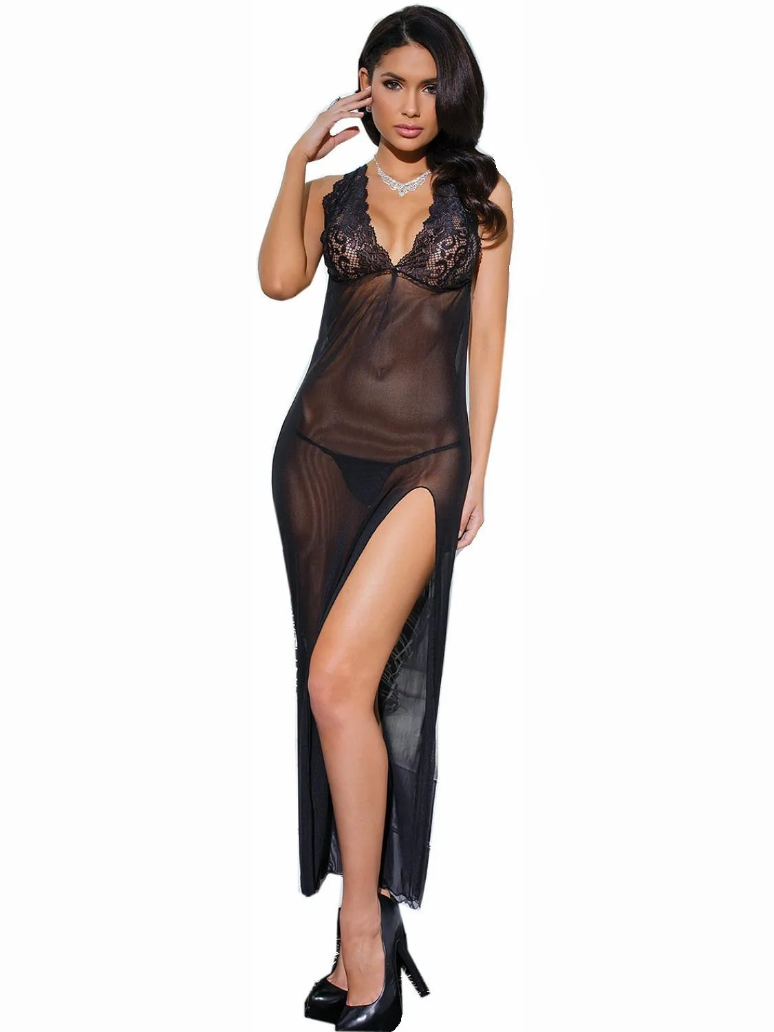 Women's Long Black Nightgown with Low Drape Back